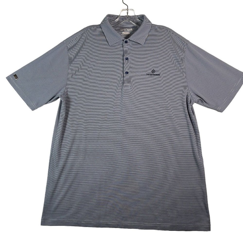 PGA‎ Tour The Gathering Mens Golf Polo Shirt Size L Blue Striped Short Sleeve